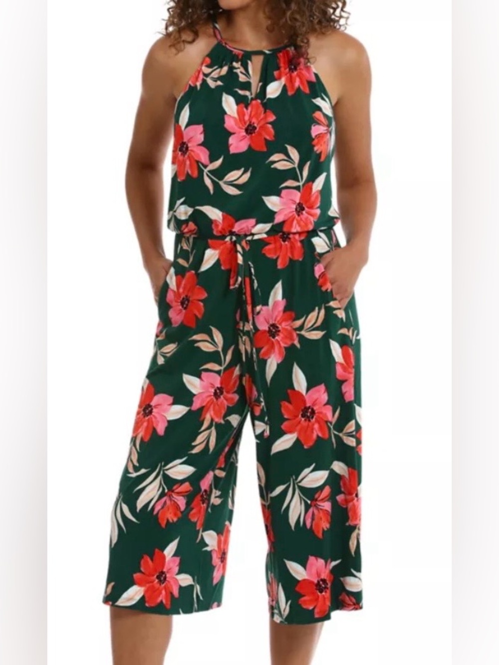 Maggy London Floral Print Cropped Jumpsuit in green with Red and Pink design 8